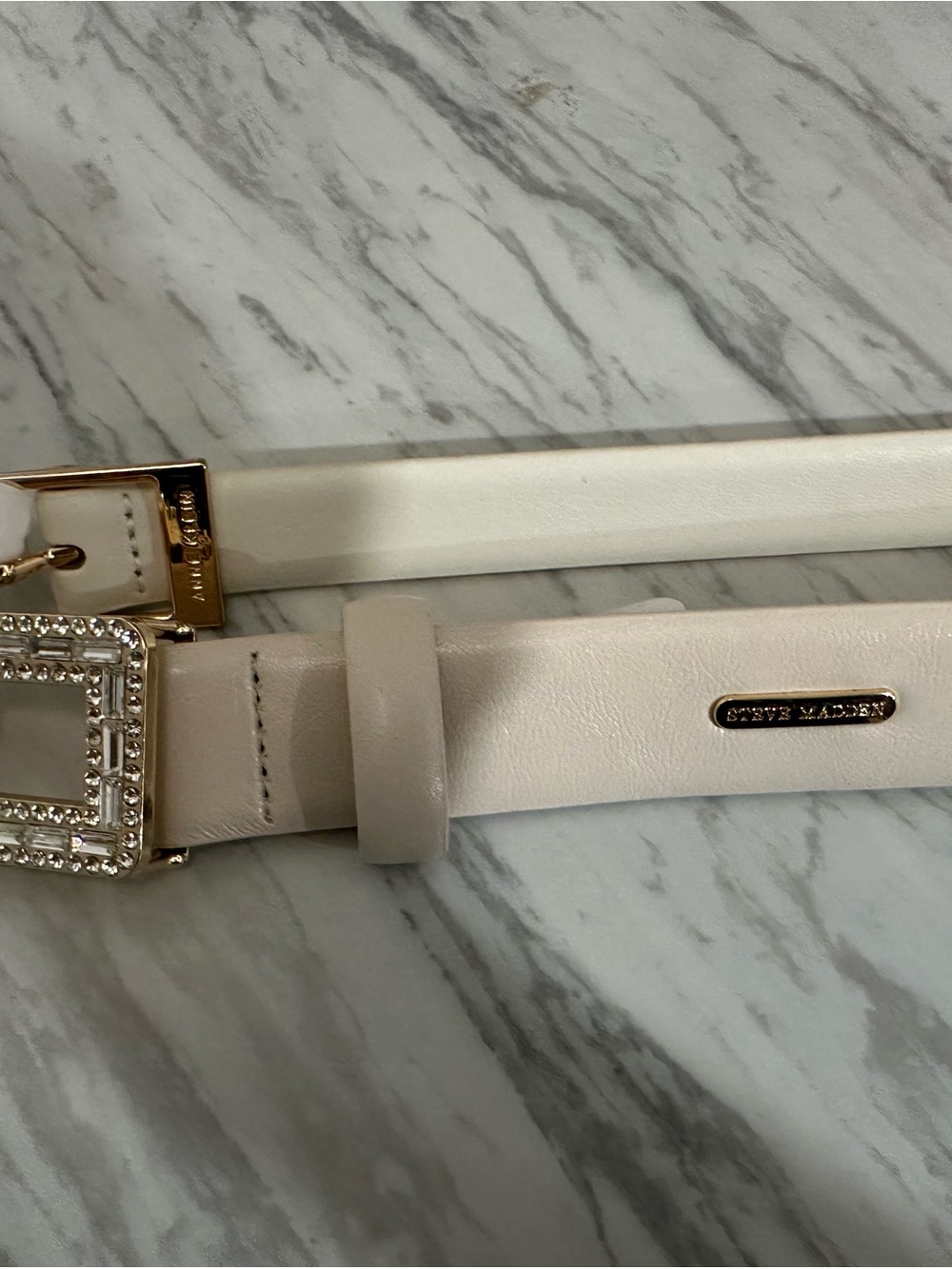 Steve Madden Cream Leather Belt with Rhinestone Square Buckle